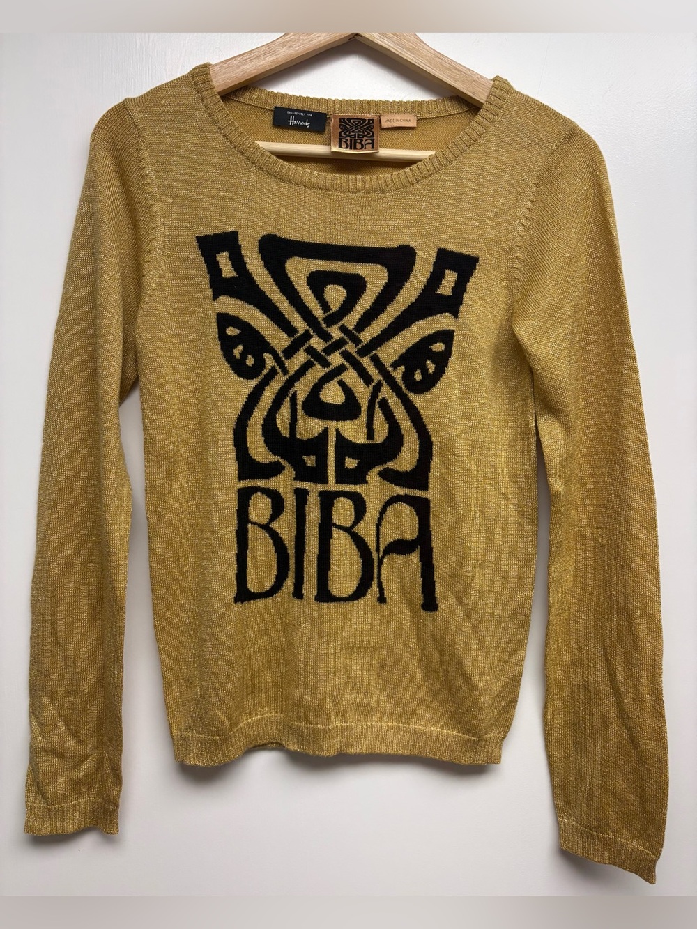 BIBA Harrods Gold Metallic Logo Knit Sweater Size M Wool Blend